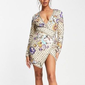 ASOS Design cream structured twill mini dress with Art Nouveau embellishments